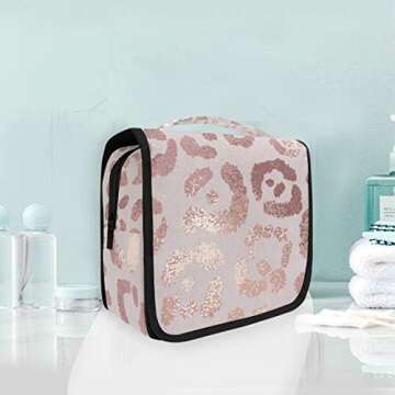 ALAZA Rose Gold Leopard Print Pink Travel Toiletry Bag Hanging Multifunction Cosmetic Case Portable Makeup Pouch Organizer with Hook