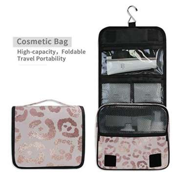 ALAZA Rose Gold Leopard Print Pink Travel Toiletry Bag Hanging Multifunction Cosmetic Case Portable Makeup Pouch Organizer with Hook