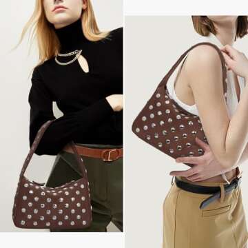 YFGBCX Suede Studded Purses Brown Suede Bag Fall Shoulder Bag Y2K Purse for Women Handbag Soft Leath...