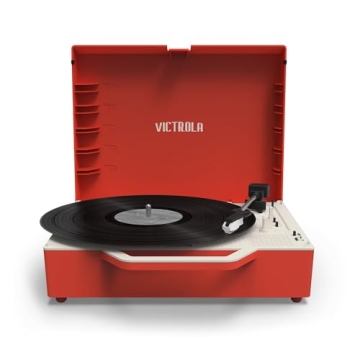 Victrola Re-Spin Sustainable Suitcase Vinyl Record Player, 3-Speed (33 1/3, 45 & 78 RPM), Belt-Driven Bluetooth Turn Table with Built-in Bass Radiator, 3.5mm Headphone Jack, Red