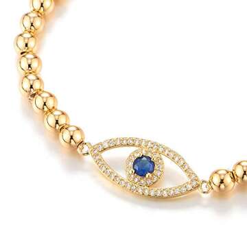 COOLSTEELANDBEYOND Gold Color Protection Evil Eye Beads Bracelet for Women with Blue and White Cubic...