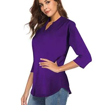 CEASIKERY Women's 3/4 Sleeve V Neck Tops Casual Tunic Blouse Loose Shirt Purple