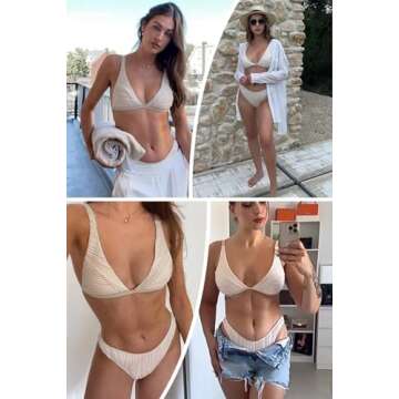 ZAFUL Women's Triangle Bikini Sets Textured Plunging High Cut Cheeky Swimsuit Two Piece Bathing Suits (Light Coffee, S)