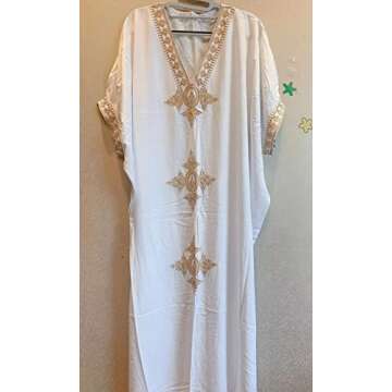 Gold Handmade Embroidery Caftans Short Sleeve White Kaftans for Women Plus Size Caftan Vneck Kaftan Dresses Loose Soft Kaftans Loungewear Light Weight Side Split Beach Maxi Dresses(LXF-21011W)