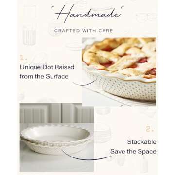 getstar Ceramic Pie Pan Set of 2, 9 inch Pie Dish for Baking, Non-Stick, Oven & Dishwasher Safe, Farmhouse Decor Quiche Baking Dish, Pie Plate, Deep Dish Pie Pan (Embossed Stripes+Dots)