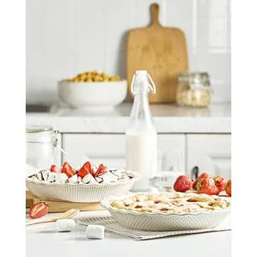 getstar Ceramic Pie Pan Set of 2, 9 inch Pie Dish for Baking, Non-Stick, Oven & Dishwasher Safe, Farmhouse Decor Quiche Baking Dish, Pie Plate, Deep Dish Pie Pan (Embossed Stripes+Dots)