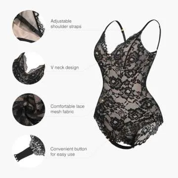 Popilush Shapewear Bodysuit V Neck Tummy Control Backless Lace Tank Tops Sleeveless Thong Bodysuit