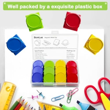BamLue 12 Pieces Fridge Magnet Clips Plastic Box, Refrigerator Whiteboard Wall Fridge Memo Note Paper Clips, Color Heavy Duty Magnetic Clip for Photos, Pictures, Papers- Home & Office & Teaching