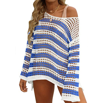 ZESICA Women's Summer Crochet Hollow Out Long Sleeve Beach Bikini Swimsuit Mesh Cover Up Tunic Top i...