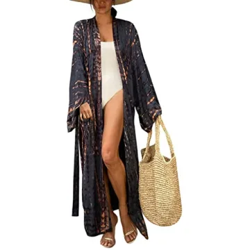 FEOYA Kimonos for Women Swimsuit Coverups with Belt Beach Cover Up Swimwear with Belt Long Sleeve Ro...