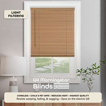Cordless Light Filtering Mini Blind - 26 Inch Width, 64 Inch Length, 1" Slat Size - Woodtone - Cordl...
