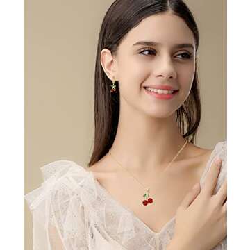 VONSSY Red Cherry Pendant Necklace Created-Ruby Flower Sweater Chain with 5A CZ Jewelry Gift for Wom...