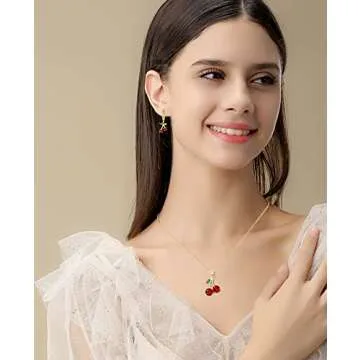 VONSSY Red Cherry Pendant Necklace Created-Ruby Flower Sweater Chain with 5A CZ Jewelry Gift for Wom...
