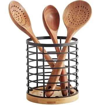 WDT Tool Utensil Holder for Kitchen Counter - 5.2" x 5.2" x 6" Large Round with Wooden Base Matte Bl...