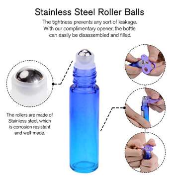 PrettyCare Roller Bottles 10ml (12 Pack Rainbow Glass, Golden Cap, 24 Labels, 2 Extra roller balls, Opener, 2 Funnels) for essential oils, Roll on Bottles