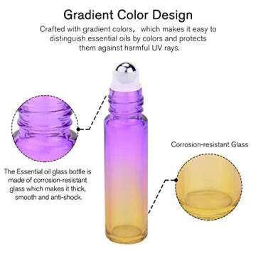 PrettyCare Roller Bottles 10ml (12 Pack Rainbow Glass, Golden Cap, 24 Labels, 2 Extra roller balls, Opener, 2 Funnels) for essential oils, Roll on Bottles