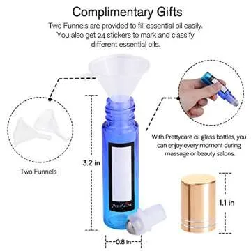 PrettyCare Roller Bottles 10ml (12 Pack Rainbow Glass, Golden Cap, 24 Labels, 2 Extra roller balls, Opener, 2 Funnels) for essential oils, Roll on Bottles
