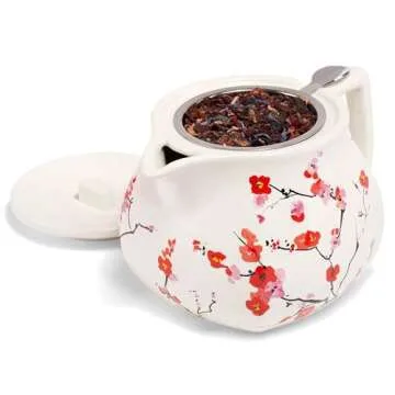 Tea Forte Fiore Sakura Cherry Blossom Ceramic Teapot with Removable Stainless Steel Infuser Basket and Lid, Steeps 24 oz. Loose Leaf Tea, Lid and Teapot Dishwasher & Microwave Safe