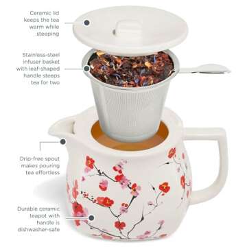 Tea Forte Fiore Sakura Cherry Blossom Ceramic Teapot with Removable Stainless Steel Infuser Basket and Lid, Steeps 24 oz. Loose Leaf Tea, Lid and Teapot Dishwasher & Microwave Safe