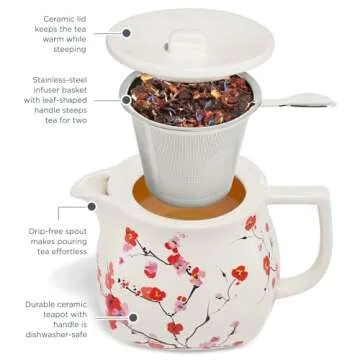 Tea Forte Fiore Sakura Cherry Blossom Ceramic Teapot with Removable Stainless Steel Infuser Basket and Lid, Steeps 24 oz. Loose Leaf Tea, Lid and Teapot Dishwasher & Microwave Safe
