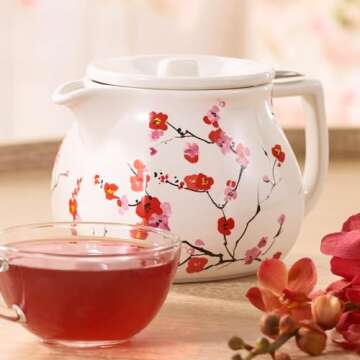 Tea Forte Fiore Sakura Cherry Blossom Ceramic Teapot with Removable Stainless Steel Infuser Basket and Lid, Steeps 24 oz. Loose Leaf Tea, Lid and Teapot Dishwasher & Microwave Safe