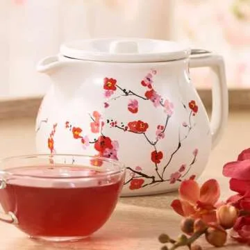 Tea Forte Fiore Sakura Cherry Blossom Ceramic Teapot with Removable Stainless Steel Infuser Basket and Lid, Steeps 24 oz. Loose Leaf Tea, Lid and Teapot Dishwasher & Microwave Safe