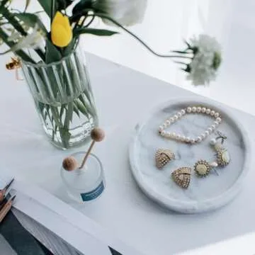 Natural Marble Round Vanity Tray for Bathroom - Small Ring Dish Jewelry Tray for Women-Marble Trinket Dish for Key Earring Nightstand - Jewelry Plate Room Decor (14CM/ 5.5")