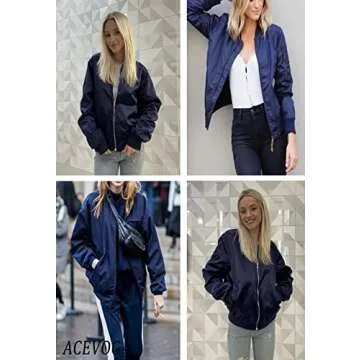 ACEVOG Women Casual Bomber Jacket Zip Up Fashion Oversized Jackets Coat, Navy Blue, Medium