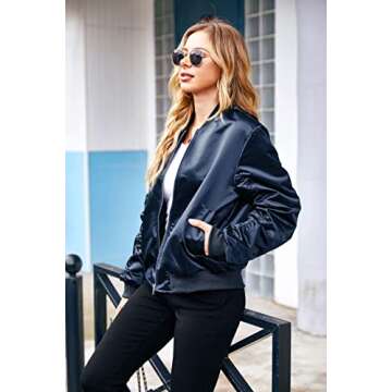 ACEVOG Women Casual Bomber Jacket Zip Up Fashion Oversized Jackets Coat, Navy Blue, Medium