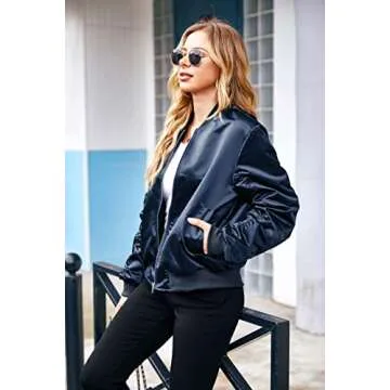 ACEVOG Women Casual Bomber Jacket Zip Up Fashion Oversized Jackets Coat, Navy Blue, Medium