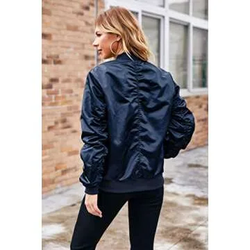 ACEVOG Women Casual Bomber Jacket Zip Up Fashion Oversized Jackets Coat, Navy Blue, Medium