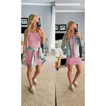 Wenrine Women Bodycon Mini Dress – Sleeveless Ruched Party Club Dress in Pink