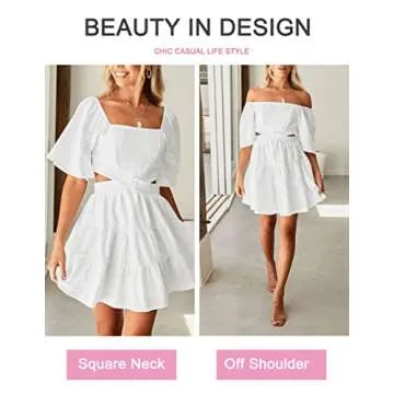 Women's Summer Dresses Square Neck Casual Short Sleeves Crossover Elastic Waist Party Mini Dress White XS