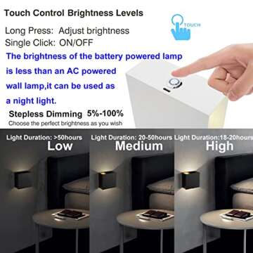 ZYI Indoor LED Wall Lamp with Touch Switch, Cordless Lamp Rechargeable USB Wall Sconce Lights Battery Powered Bedside Lamps for Bedroom Children's Room Corridor Stairwell (Black 2pack, 3000K)