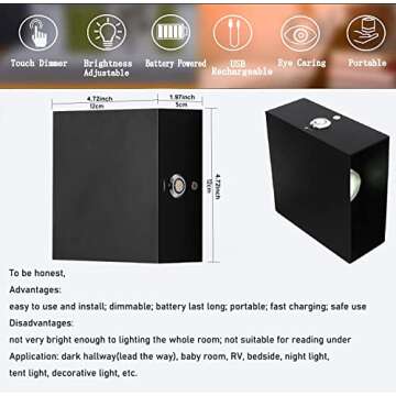 ZYI Indoor LED Wall Lamp with Touch Switch, Cordless Lamp Rechargeable USB Wall Sconce Lights Battery Powered Bedside Lamps for Bedroom Children's Room Corridor Stairwell (Black 2pack, 3000K)