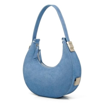 DONNAIN Trendy Denim Suede Leather Small Hobo Handbags for Women, Genuine Leather Crescent Hobo Bag ...