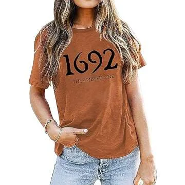 1692 They Missed One Shirt Women Halloween Salem Witch Tshirt Funny Letter Print Tees Casual Short Sleeve Tops (S, Orange)