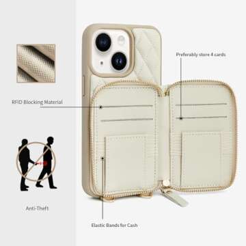 LAMEEKU Designed for iPhone 14 Plus Wallet Case, Case Wallet with Card Holder Quilted Leather Case with Crossbody Chain for Women RFID Shockproof Case Compatible with iPhone 14 Plus, 6.7 Inch-Beige