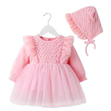 Newborn Infant Baby Girl Fall Winter Dress Toddler Easter Birthday Outfits Long Sleeve Christening Baptism Tulle Tutu Dresses with Bonnet Flower Girl Wedding Prom Dress Pink Tulle 12-18 Months
