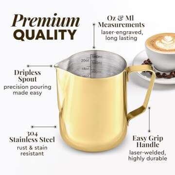 Zulay Kitchen 12oz Stainless Steel Milk Frothing Pitcher - Milk Frother Cup - Easy-to-Clean Espresso Accessories - Easy-to-Read Creamer Measurements - Foam Making for Coffee (Gold)