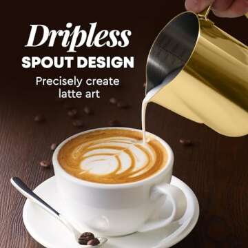 Zulay Kitchen 12oz Stainless Steel Milk Frothing Pitcher - Milk Frother Cup - Easy-to-Clean Espresso Accessories - Easy-to-Read Creamer Measurements - Foam Making for Coffee (Gold)