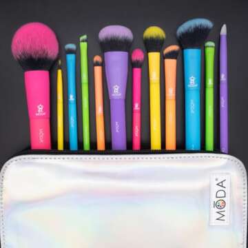 MODA Totally Electric 13pc Full Face Makeup Brush Set – Vibrant Brushes with Zip Case