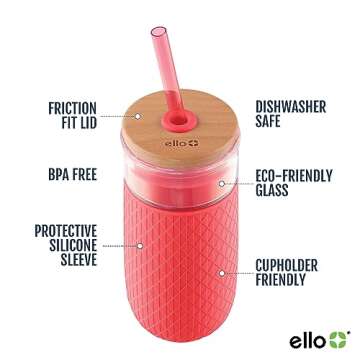Ello Devon Glass Tumbler with Splash Proof Wooden Lid and Straw, Protective No Sweat Silicone Sleeve...