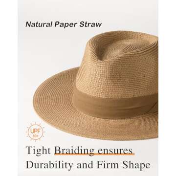 FURTALK Panama Hat Sun Hats for Women Men Wide Brim Fedora Straw Beach Hat UV UPF 80+ Brown