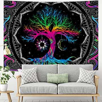 Hialimern Tree of Life Tapestry Trippy Mandala Wall Tapestry Hippie Moon and Sun Tapestry Black Galaxy Stars Space Tapestry Colorful Boho Aesthetic Tapestry for Bedroom Living Room (L-W78.7" × H59.1)