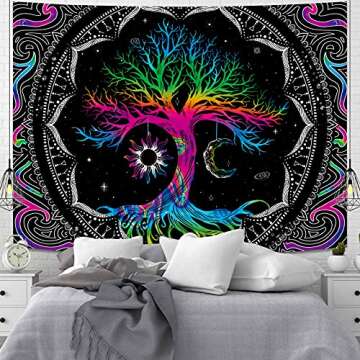 Hialimern Tree of Life Tapestry Trippy Mandala Wall Tapestry Hippie Moon and Sun Tapestry Black Galaxy Stars Space Tapestry Colorful Boho Aesthetic Tapestry for Bedroom Living Room (L-W78.7" × H59.1)