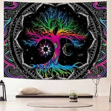 Hialimern Tree of Life Tapestry Trippy Mandala Wall Tapestry Hippie Moon and Sun Tapestry Black Galaxy Stars Space Tapestry Colorful Boho Aesthetic Tapestry for Bedroom Living Room (L-W78.7" × H59.1)