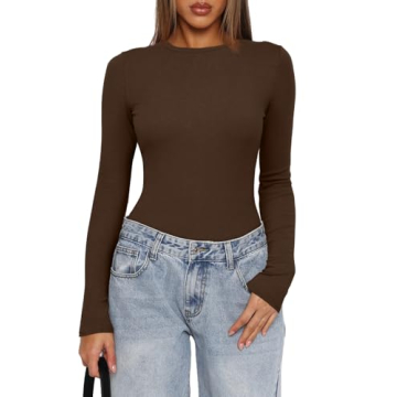 Darong Women’s Long Sleeve Crew Neck Ribbed Stretchy Slim Fit Tops Bodysuit Basic Jumpsuit 9073 Co...