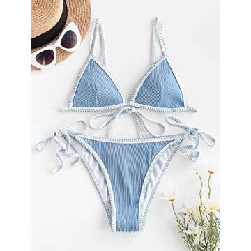 ZAFUL Women's Triangle Bikini Floral String Bikini Set - Sun-Ready Style in Light Blue