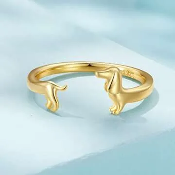 MUNDELL 925 Sterling Silver Cute Dachshund Rings Golden Puppy Dog Rings for Women Animal Rings Stacking Ring Statement Ring